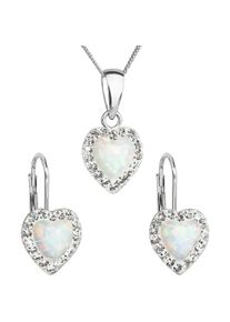 Evolution Group, Schmuck Set, Heart Jewelry Set with Preciosa Crystals 39161.1 & White Synthetic Opal (Earrings, Chain, Pendant), Weiss, (Synthetische