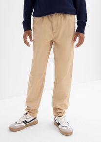 bonprix Bawełniane spodnie z gumką w talii regular fit, prosta nogawka, beżowy, 146