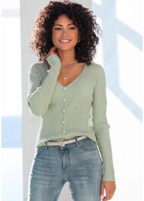 Lascana Trui met V-hals met decoratieve parels, figuuraccentuerende gebreide trui, elastisch dames truien met v-hals maat 32/34 groen