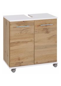 Welltime , Waschbeckenunterschrank »Emmi, Breite 59 cm«, Siphonausschnitt, Metallbeschläge , weiß-wotaneichefb.