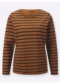Dames Shirt met lange mouwen en streepjespatroon in cognac/zwart gestreept ,maat 38, WITT, 100% Katoen
