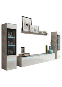 P & B Wohnwand , Weiß Hochglanz, Grau , Glas, Holzwerkstoff , 4-teilig , Betonoptik , 6 Fächer , kaltweiß , 240x130x33 cm , Fsc, Made in EU , stehend,