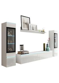 P & B Wohnwand , Weiß Hochglanz , Glas, Holzwerkstoff , 4-teilig , 6 Fächer , kaltweiß , 240x130x33 cm , Fsc, Made in EU , stehend, hängend,