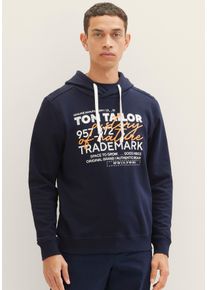 Tom Tailor Herren Kapuzensweatshirt mit lässigem Frontprint + Stickerei in blau, Größe L