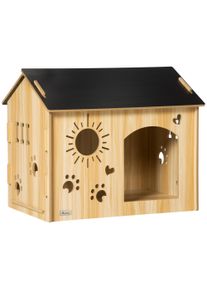 PawHut Dog House with Ventilation Openings, Weatherproof, MDF Material, Black+Wood Color, 69 x 50 x 58.5 cm | Aosom Ireland