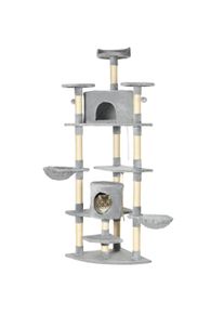 PawHut Cat Tree with 2 Hammocks and 2 Cat Caves incl. Toys Plush Sisal Rope Light Gray | Aosom Ireland