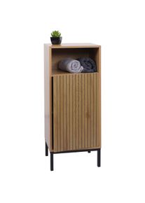 Kommode HWC-O42, Badezimmerkommode Badschrank Schrank mit 1 Tür, 3 Staufächer, MDF Melamin 98x39x30cm ~ Holzoptik braun