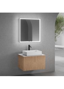 neoro n50 line Meuble bas l: 80 cm avec 1 tiroir, fa&ccedil;ade en ch&ecirc;ne stri&eacute;e, vasque l : 58 cm, blanc mat, avec armoire de toilette n60,