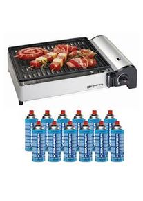 Barbacoa de gas 1900W Parrilla antiadherente + 12 cartuchos de gas camping Kemper