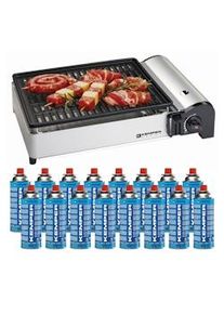 Barbacoa de gas 1900W Parrilla antiadherente + 16 cartuchos de gas camping Kemper