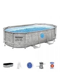 Piscina elevada con ojo de buey 4,27x25 x10m Efecto Piedra Gris - Piscina tubular ovalada + Escalera, Bomba + Cubierta 4 estaciones Bestway