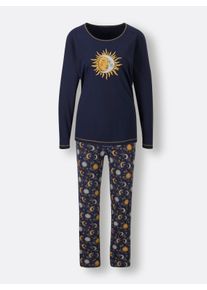 wäschepur Dames Pyjama in marine/oker bedrukt ,maat 36/38, Witt, 50% Katoen, 50% Modal