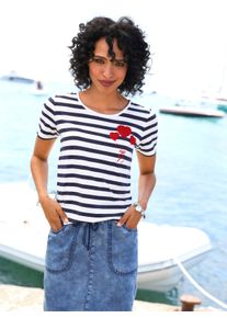 Heine Dames Shirt met applicatie in marine/ecru gestreept ,maat 36, Witt, 95% Viscose, 5% Elastan