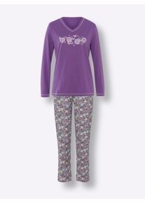 Dames Pyjama met contrasterende siernaden in lila/steengrijs bedrukt ,maat 36/38, WITT, 100% Katoen