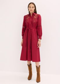 bonprix Mujer, Vestido midi con inserto de encaje de algodón, rojo, 38