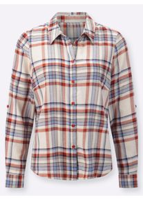 Dames Flanellen blouse met opstroopbare mouwen, geruit in ivoor/roestrood geruit ,maat 38, WITT, 100% Katoen