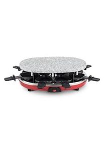 H.Koenig Raclette 8 Pessoas 4 em 1, Chapa com Pedra Natural, Grelha, Máquina de Crepe, 900 W, Vermelho, Preto RP412, Aço Inoxidável