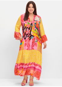 sheego loves miss goodlife Dames Maxi-jurk met patroonmix en volants in pink gedessineerd ,maat 40, Witt, 100% Viscose