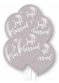 6 ballons en latex argentés Just Married 27,5 cm