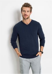 Fijn gebreide trui met V-hals - blauw - maat 48/50 (M) - met katoen - bonprix