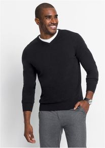 Fijn gebreide trui met V-hals - zwart - maat 60/62 (XXL) - met katoen - bonprix