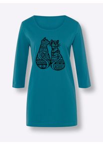 Dames Lang shirt met kattenprint in aquapetrol/zwart ,maat 44, WITT, 100% Katoen