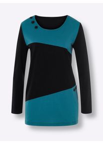 Dames Lang shirt met decoratieve knopen in zwart/aquapetrol ,maat 48, WITT, 100% Katoen
