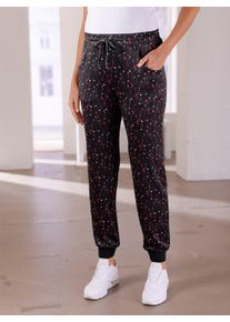 Dames Vrijetijdsbroek met enkelboordjes in zwart geprint ,maat 24, WITT, 90% Polyester, 10% Elastan