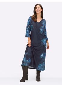 sheego Dames Jerseyjurk met afkledende V-hals in diepblauw bedrukt ,maat 42, Witt, 95% Polyester, 5% Elastan