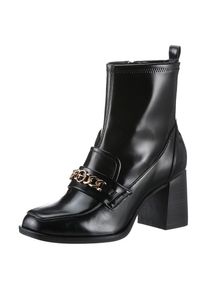 Tamaris , Stiefelette, Blockabsatz, Partyschuh mit eleganter Zierkette und Logoemblem , schwarz , 37 , 37 , Schicke Stiefelette in modischer...