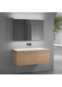 neoro n50 line Meuble bas l: 120 cm, 1 tiroir, façade en chêne striée, vasque sans trou percé blanc mat, avec armoire de toilette,