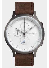 Men's Chronograph Watch - Dark Silver White - Surgical Steel Case, Sapphire Glass, Brown Leather Strap - Date Display - 42mm , Quartz Movement by
