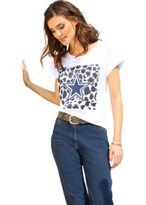 Damska Tričko, krátke rukávy, lesklá a fóliová potlač Bielo-jean blue veľkosť 56