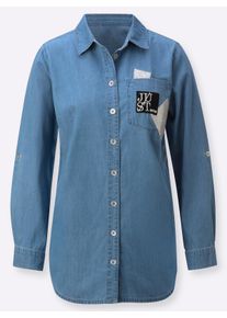 Dames Lange blouse met glitterknopen in blue-bleached ,maat 38, WITT, 100% Katoen