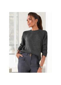Lascana, Strickpullover mit Grobstrick-Details, Damen Pullover mit Rundhals, dunkelgrau meliert, 40/42, Strickpullover