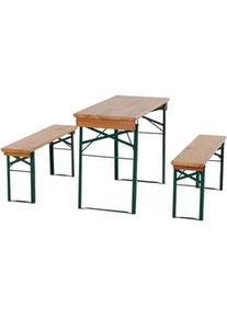 Biertischgarnitur , Beige, Grün , Holz, Metall , 3-teilig , Kiefer , 50x110 cm , wetterfest, Bank klappbar, platzsparend verstaubar , Gartenmöbel, Gartengarnituren, Gartenmöbel-Sets
