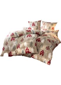 wäschepur Damen Bettwäsche im winterlichen Dessin beige-dunkelrot-bedruckt Größe 40x80/135x200 cm