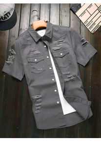 Men's Summer Dark Gray Ripped Short-Sleeve Denim Shirt, featuring a lapel collar and double pockets to retain the workwear style