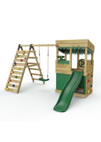 REBO Lookout Tower Playhouse with Swing and Climbing Wall plus 6ft Slide - Ascent