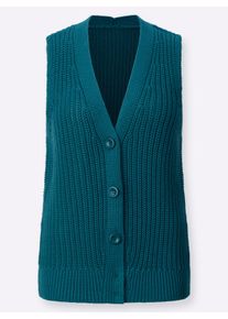 Dames Mouwloos vest in grofgebreide look in aquapetrol ,maat 36, WITT, 100% Katoen