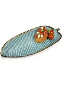 Sänger Sänger Servierteller Capri - Blattoptik aus Steingut , Pastellblau , Keramik , 39.3x11.95x22.25 cm , kratzfest , Tischkultur & Servieren, Servierplatten