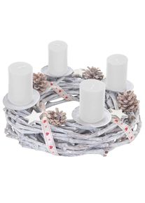 Adventskranz rund, Weihnachtsdeko Tischkranz, Holz Ø 30cm weiß-grau ~ mit Kerzen, weiß