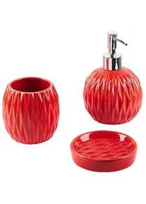Beliani Badezimmer Set 3-teilig Keramik rot Belem , Rot , Stein , 11x15x11 cm , Badaccessoires