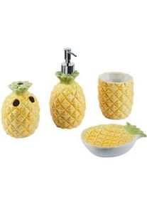 Beliani Badezimmer Set 4-teilig Keramik Ananasmotiv gelb Maicao , Gelb, Grün , Stein , 10x20x10 cm , Badaccessoires