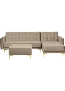 Beliani Schlafsofa rechtsseitig mit Ottomane Samtstoff Sandbeige Aberdeen , Beige , Textil , L-Form , 267x168 cm , Wohnzimmer, Sofas & Couches, Wohnlandschaften, Ecksofas