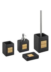 Beliani Badezimmer Set 4-teilig Keramik schwarz/heller Holzfarbton Kourou , Schwarz, Hellbraun , Stein , 9x16x6 cm , Badaccessoires