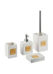 Beliani Badezimmer Set 4-teilig Keramik beige/heller Holzfarbton Kourou , Beige, Hellbraun , Stein , 9x16x6 cm , Badaccessoires