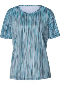 Dames Shirt met korte mouwen van polyester, onderhoudsarm aquapetrol/steengrijs gestreept Maat 50