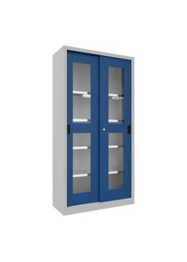 Pavoy Schuifdeurkast, hoogte 1950 mm, deuren met zichtvensters, b x d 1000 x 400 mm, met 4 legborden, deur gentiaanblauw