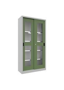 Pavoy Schuifdeurkast, hoogte 1950 mm, deuren met zichtvensters, b x d 1000 x 400 mm, met 4 legborden, deur resedagroen